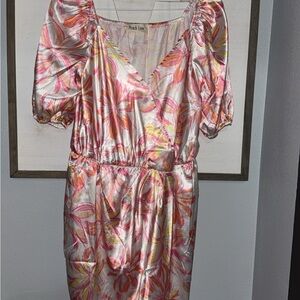 Peach Love California Pink and Orange Ruched Puff Sleeve Mini Dress